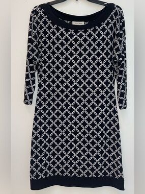 White House Black Market Black & White Geometric Link-Print Long Sleeve Dress